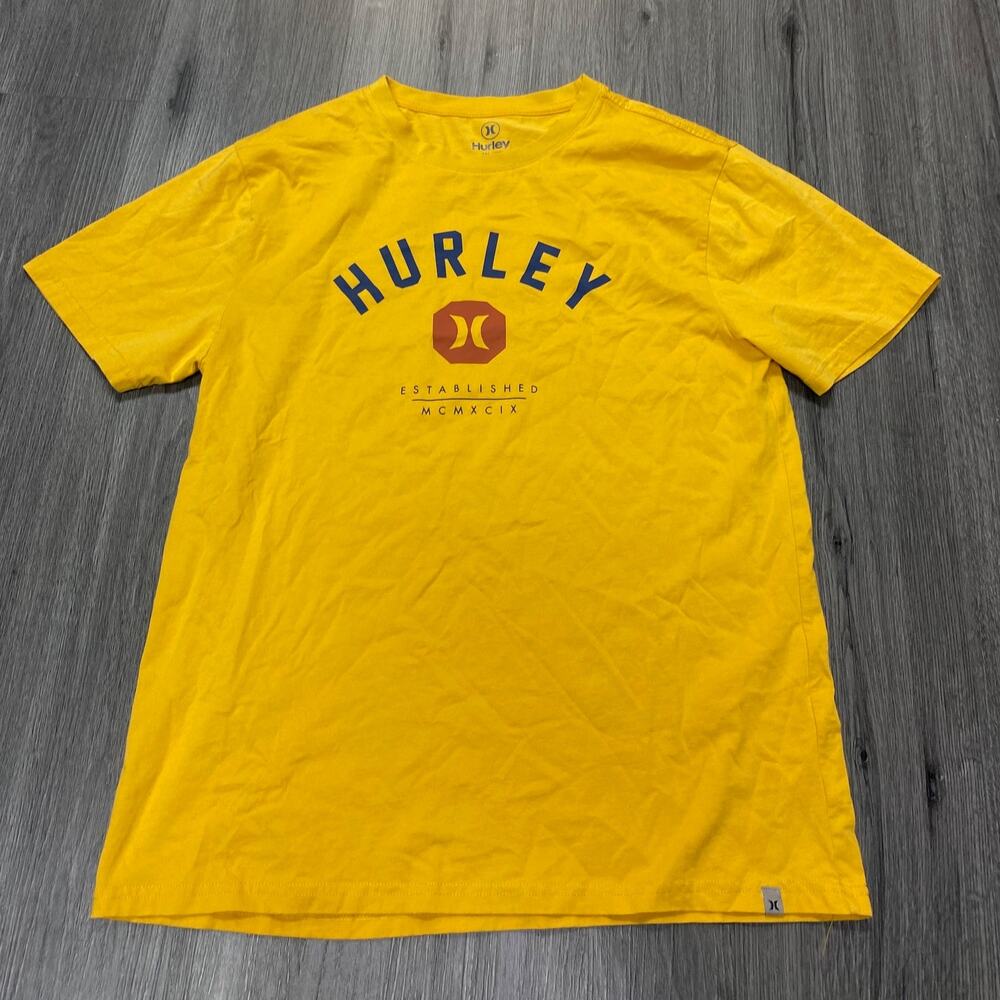 Hurley Yellow Graphic T-Shirt Men's Medium Navy Blue Logo Short Sleeve Cotton